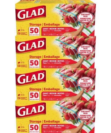 Glad Trash & Food Storage Zipper Food Storage Plastic Bags - Quart - 50 Count, Pack of 4 (Package May Vary), Clear (79106)