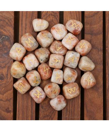 Crocon Sunstone gemstone tumbled Rune Stones Set with Elder Futhark Alphabet Engraved Symbol (25 Pcs) gift feng shui reiki stone set with a pouch & runes brochure Size :- 20-25 mm Approx - Buy Online on GoSupps.com