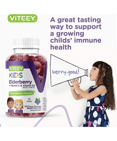 Kids Immune Support: 120 Count Sambucus Black Elderberry Gummies with Vitamin C & D - Gelatin Free, Pectin Based, Berry Flavored - Herbal Dietary Supplement - Buy Online on GoSupps.com