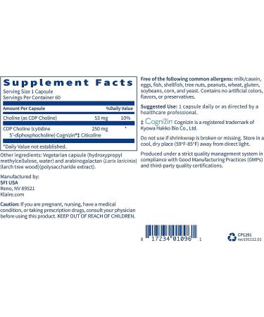 Klaire Labs CDP Choline 250mg - Soy-Free Cognizin Citicoline Supplement - Memory, Focus & Attention Support - 60 Capsules - Buy Online on GoSupps.com