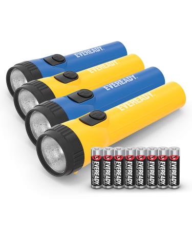 LED Flashlight by Eveready, Bright Flashlights for Emergencies and Camping Gear, Flash Light with AA Batteries Included, Blue/Yellow (4-Pack)