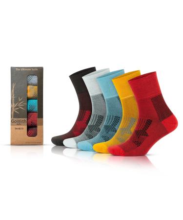 GoWith 5 Pairs Diabetic Socks for Men Comfy Seamless Non-Binding Dress Socks Circulator Neuropathy Crew Socks for Diabetics 9-12 Red Assortie - Bamboo