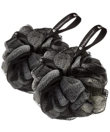 Hydrea London Shower Puffs - Pack of 2 Exfoliating Body Scrubber for Men & Women - Face & Body Cleansing Shower Scrub - Ultra-Soft Large & Vegan Bath Scrunchie - Bathing Buffers Black & Cream