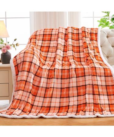 inhand Sherpa Throw Blanket Plaid Warm Cozy Soft Throw Blankets for Couch Bed Sofa Reversible Fluffy Plush Flannel Fleece Blankets and Throws for Adults Women Men(Orange 60 x 80 ) Orange 60 x 80