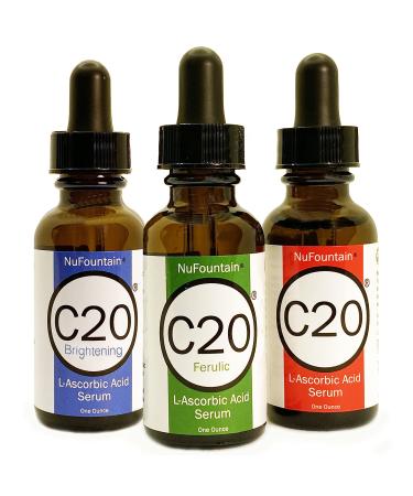 NuFountain C20 SUPER 3-pack. HAND CRAFTED 3 1-Ounce Bottles of 20% L-Ascorbic Acid C Serum