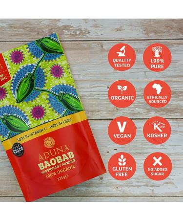 Aduna Organic Baobab Powder - 100% Natural Raw Superfruit Vitamin Powder - FairWild Certified - 275g Resealable Pack - Buy Online on GoSupps.com