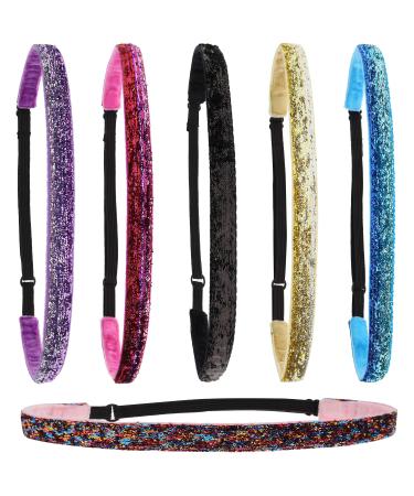 FROG SAC 6 Sparkly Glitter Elastic Headbands For Girls  Adjustable Non Slip Thin Stretch Sports Headband for Teens  Cute Stretchy Nonslip Fashion Teen Girl Hair Accessories  Yoga and Sport Head Wraps For Kids