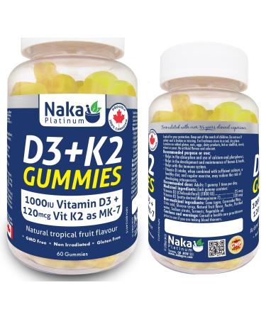 Naka Platinum D3+K2 Vitamin Gummy 1000IU Vitamin D3 + 120mcg Vit K2 as MK-7 Natural tropical fruit flavour Made in Canada (60 gummies)