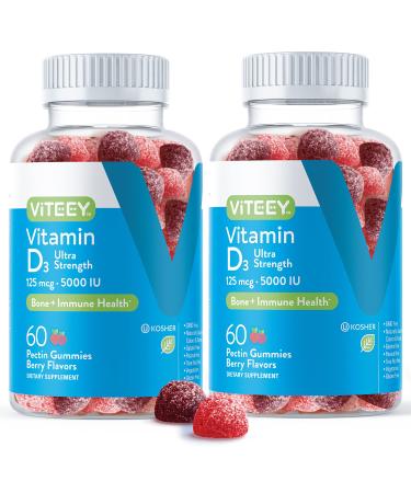 Vitamin D3 Gummies Ultra Strength 125mcg 5000 IU - Bone Health Immune Health Joint Muscle Support - Dietary Supplement Pectin Chewable Gummy - for Adults Teens & Kids - Berry Flavor Jelly Chews