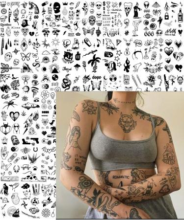 Impressed 48 Sheets Custom Unisex Vintage Patchwork Temporary Tattoos - Small Semi Permanent Minimalist Line Art Black Fake Tattoo for Women and Men - Tiny Adult Hand  Sleeve  Finger and Neck Tat for Teens - Gothic Aesth...