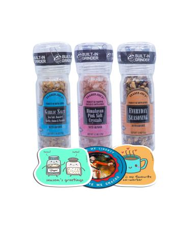 TJ s Best Seasoning Grinder Combo | Everyday Seasoning Garlic Salt Himalayan Pink Salt Crystals (3-Pack) + Meme Stickers