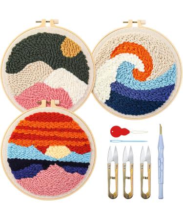 3 Sets of Beginner Embroidery Kits with 3 Patterns and 6 Needles  Needlepoint Kits for Adults Including Embroidery Floss 3 Plastic Hoops and  3 Cotton Fabric beige