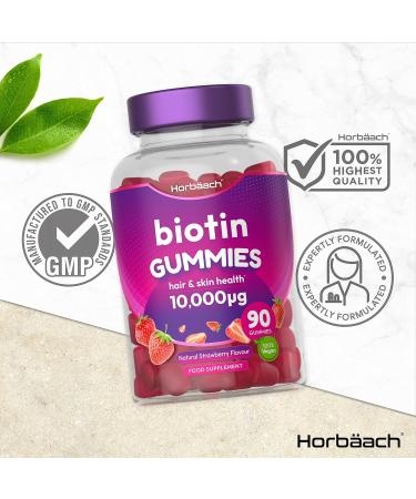 Biotin Gummies 10,000mcg - 90 Vegan Vitamins for Hair Growth & Skin Health - Natural Strawberry Flavour - No Artificial Flavours or Sweeteners | Horbaach - Buy Online on GoSupps.com