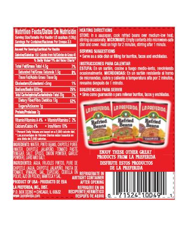 La Preferida Spicy Chipotle Refried Beans 16oz - Pack of 3 - Buy Online on GoSupps.com