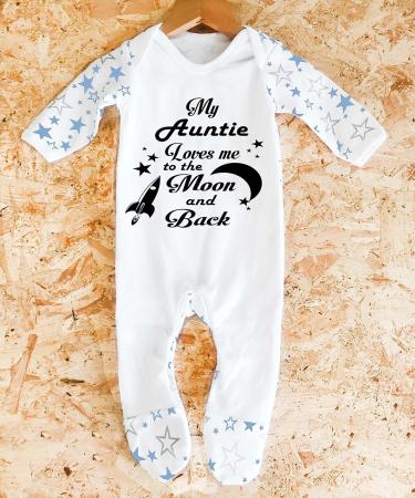 My Auntie Loves Me to The Moon and Back Sleepsuit | 3-6 Months | UK Designed | 100% Cotton | White/Blue Stars - Buy Online on GoSupps.com