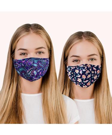 Face Mask Washable UK for Women with Nose Wire 3 Layers 100% Cotton Washable Face Masks for Glasses Wearers | Reusable | Breathable | Filter Pocket | Adjustable air loops (2 x Masks) (Floral - X)