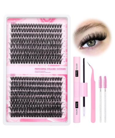 Lash Extension Kit Eyelash Extensions Kit 320pc Lash Clusters Fluffy 60D + 80DIndividual Lashes Cluster lashes Kit 8-16mm Lash Thin Band Cluster Lashes Bond and Seal Lash Tweezers and Lash Brush 87-B