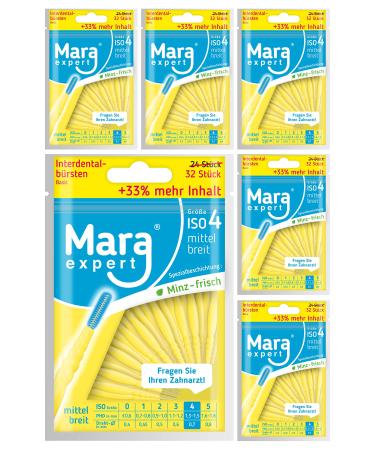 Interental brushes 0.7 mm by Mara Expert |ISO 4 Means wide |6 x 32 interdental brushes yellow |Ideal interdental brush |With mint taste |Bonus |Ask your dentist