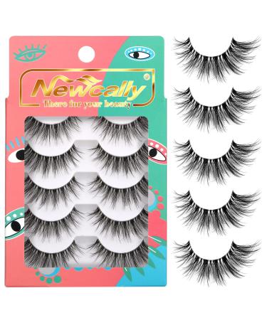 Newcally 3D Lashes Mink Fluffy Natural False Eyelashes Wispy Clear Band Strip Fake Lashes Long Volume Eye Lashes Multipack 5 Pairs Cat eye - 16mm