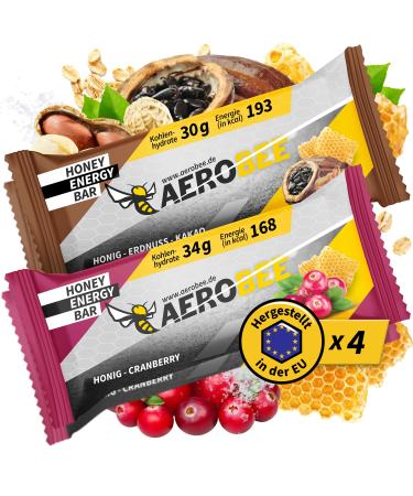 Aerobee energy bar - Power bar trial package - 2x honey peanut & 2x honey & cranberry - oat bar without sugar Ideal endurance & energy bars hiking food + meal replacement bar trial package (2x2 pieces)
