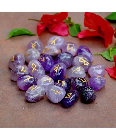 Crocon Amethyst Gemstone Rune Stones set with Elder Futhark Alphabet Engraved Symbol 25 pcs Set For Feng Shui Chakra Balancing Reiki Healing crystal runes stones set Size: 15-20 mm #001 Amethyst - Buy Online on GoSupps.com