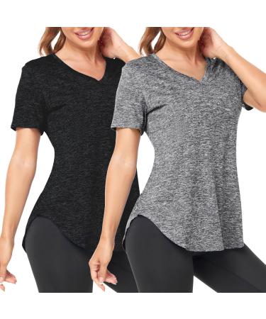 Deaviya Sport T-Shirt Women Fitness Sport Shirt Short Arms V-neck shirt for women workout gym yoga shirt lady black+gray XL