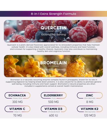 (2 Pack) Quercetin Gummies with Bromelain Zinc Elderberry Vitamin C D3 K2 Quercetin 1000mg Supplement with Bromelain 500mg for Cardiovascular Immune System & Allergy Vegan Gummy for Adult & Kid 60 Count (Pack of 2) - Buy Online on GoSupps.com