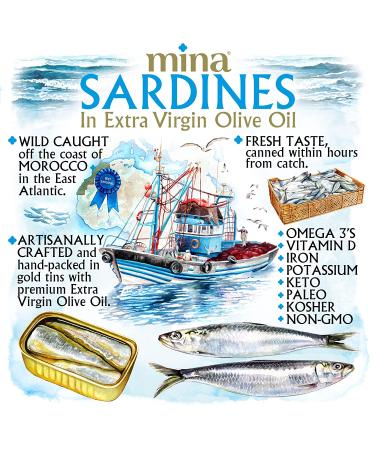 Mina Wild-Caught Gourmet Sardines in Extra Virgin Olive Oil - Hand-Packed, Responsibly Sourced, Low Sodium, High Protein - Keto & Paleo Friendly - 4.4oz (12 Pack) - Buy Online on GoSupps.com