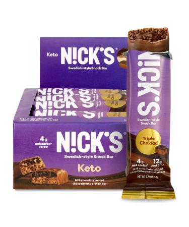 N!CK’S Keto Snack Bar, Triple Chocolate, Low Net Carbs, High Protein, No Added Sugar, 5g Collagen, Low Carb Protein Bar, Low Sugar Meal Replacement Bar, Keto Snacks, 12-Count