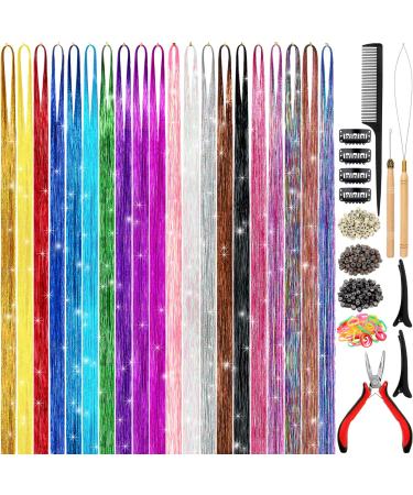 Hair Tinsel Kit (48 Inch 20 Colors  4800 strands)  Tinsel Hair Extensions with Tools  Heat Resistant Fairy Hair Tinsel Kit for Women Girls Hair Accessories