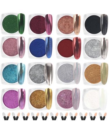 Chrome Nail Powder Yiaxoyia 16 Jars Nail Chrome Powder - Mirror Effect Metallic Charms Pigment Powder Pearl for Nail Gel Art Resin Craft etc. (1g/Jar)
