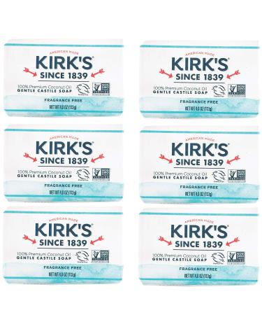 Kirk's Castile Bar Soap Clean Soap for Men Women & Children | Premium Coconut Oil | Sensitive Skin Formula Vegan | Fragrance-Free/Unscented | 4 oz. Bars - 6 Pack Fragrance Free 4 Ounce (Pack of 6)