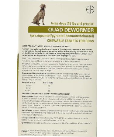 Bayer Animal Health Quad Dewormer for Large Dogs - Effective Deworming Tablets for Dogs Over 45 lbs - 2 Chewable Tablets - Buy Online on GoSupps.com