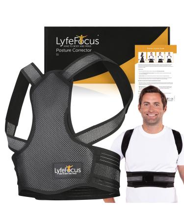 LyfeFocus S1 Premium Breathable Back Posture Corrector for Men & Women - Upper Back Support Back Brace & Back Straightener - Effective Posture Correction for Neck Shoulder & Back Pain (Black Large) Black L (Pack of 1)