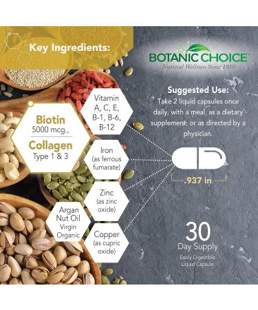 Botanic Choice Hair Skin & Nails Biotin Supplement - Collagen, Vitamin C & Iron - Antioxidant Blend with Argan Oil & Hyaluronic Acid - 60 Liquid Capsules - Buy Online on GoSupps.com