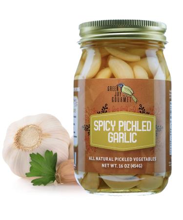 Green Jay Gourmet Pickled Garlic Cloves in a Jar - Spicy Pickled Garlic - Fresh Garlic Bulbs for Cooking - Simple, Natural Ingredients - Freshly Made - Subtly Infused, Pre-Prepared Garlic - 16 Ounce Jalapeno & Red Pepper 1