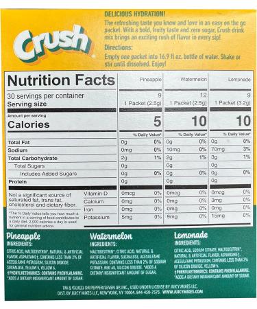 Crush Sugar Free Lemonade Watermelon Pineapple On the Go Drink Mix Variety Pack 30 sticks Net Wt 81g (1 unit) - Buy Online on GoSupps.com