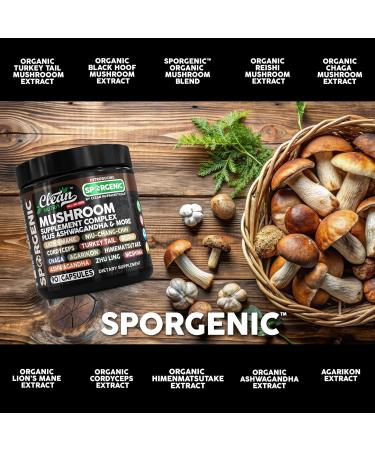 Organic Mushroom Supplement | Ashwagandha Lions Mane Cordyceps Turkey Tail Reishi Mushrooms Maca Root Black Hoof Chaga Tremella Agarikon Shiitake Oyster Powder Capsules Sporgenic by Clean Nutra (1) - Buy Online on GoSupps.com