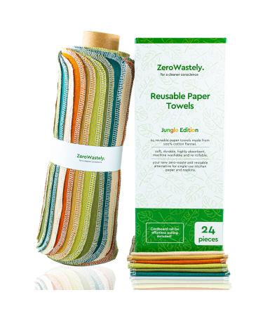 Reusable Paper Towels - Value Pack of 24 Paperless Paper Towels! - 100% Cotton, Super Soft, Absorbent, Washable and Made To Last - Cut Back and Waste Less with our Cloth Paper Towels! By ZeroWastely Jungle