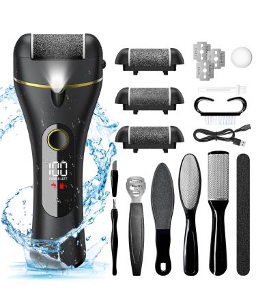 Electric Foot Callus Remover 16 in 1 Rechargeable Pedicure Kit Waterproof Scrubber Dead Skin Removal Tool with 3 Rollers & 2 Speeds for Feet Care Battery Display - Black