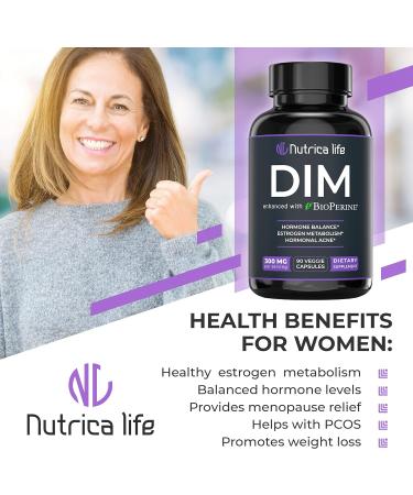 Nutrica Life DIM Supplement 300mg with Broccoli & BioPerine - Hormone Balance Support for Women & Men - Menopause Relief & Acne Control - 90 Vegan Caps - Buy Online on GoSupps.com