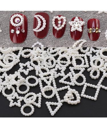 200Pcs 3D White Pearls Nail Charms, Multi Shapes Sizes Acrylic Flower Heart Star Moon Bowknot Circle Triangle Square Cute Pearls Heart Charms for Nail DIY Crafting Jewelry Accessories