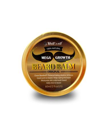 Well's MEGA GROWTH Beard Balm (Original Scent) | 2 fl.oz. | 100% Natural | Chemical-Free | For Men s Beard Care | Taming Styling & Softening Beard Balm 2oz