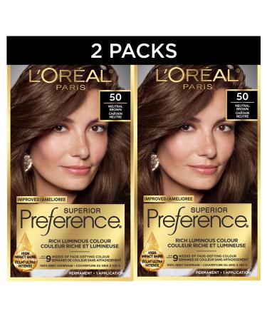 L'Oreal Paris Superior Preference Hair Dye Hair Color for Women 50 Natural Brown Hair Dye Permanent Hair Color 100% Grey Coverage 9 weeks of Luminous Fade-Defying 1 Hair Dye Kit (Pack of 2) (Packaging May Vary) Neutral Brown Brown