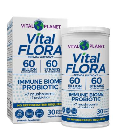 Vital Planet - Vital Flora Immune Support Probiotic 60 Billion CFU 60 Diverse Strains 7 Organic Mushroom Supplement Blend with Prebiotics Shelf Stable Digestive Health Probiotics 30 Capsules