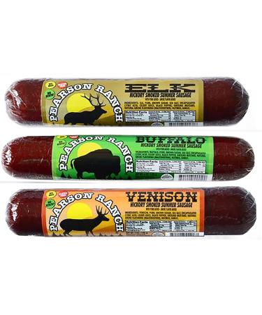 Pearson Ranch Game Meat Hickory Smoked Summer Sausage Variety Pack of 3  Elk, Buffalo, Venison Gluten-Free, MSG-Free