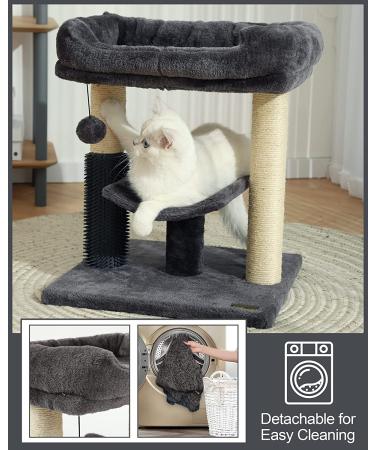 HOOPET Cat Tree Tower with Cozy Perch, Scratching Post, Self Groomer, and Dangling Ball - Smoky Gray - Buy Online on GoSupps.com