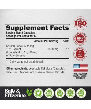 Panax Ginseng 15 000 mg - Red Korean Ginseng Supplement for Men - Extra Strength 10:1 Extract - Energy Focus Productivity & Performance - Natural & Vegan - Made in USA - 120 Capsules 2 Month Supply - Buy Online on GoSupps.com