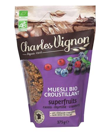 Charles Vignon - Organic Crunchy Superfruit Muesli - Blackcurrant, Cranberries, Blueberries - Palm Oil Free, High in Fiber