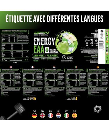 EAA Energy Mix - 500 g - Amino Matrix + Focus Matrix - Sugar Free Energy Drinks - With Caffeine Taurine Guarana N-Acetyl-L-Tyrosine - Pre Workout Booster - Vegan (Green Apple) - Buy Online on GoSupps.com